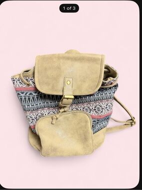 Patterned Canvas & Tan Faux-Leather Drawstring Backpack - Women's